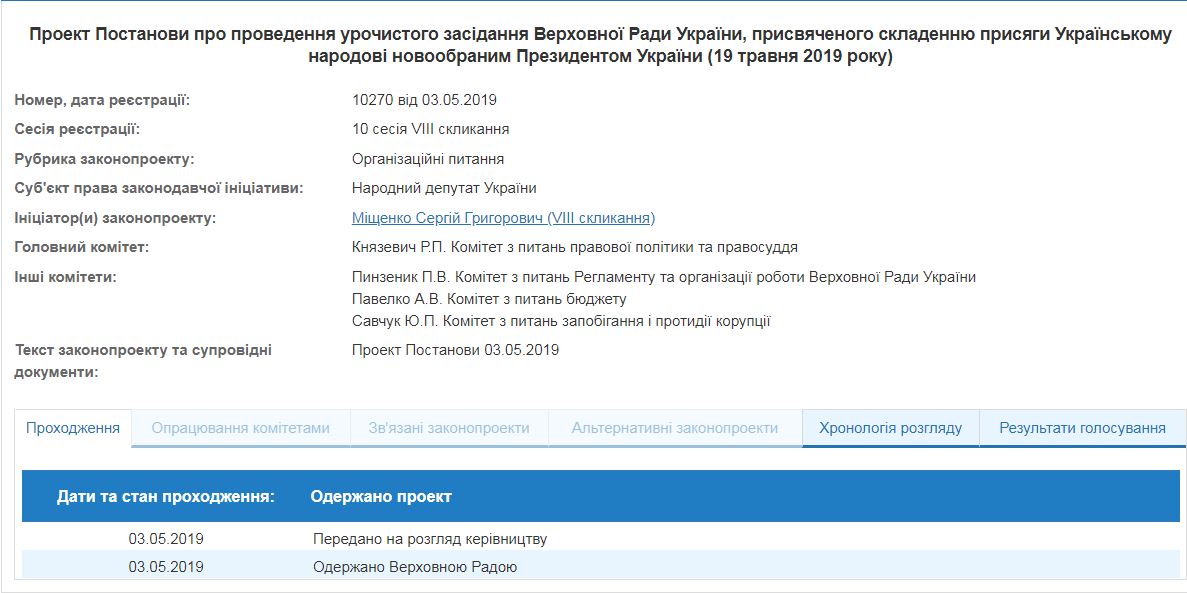 Инаугурацию Зеленского в Раде предлагают провести 19 мая
